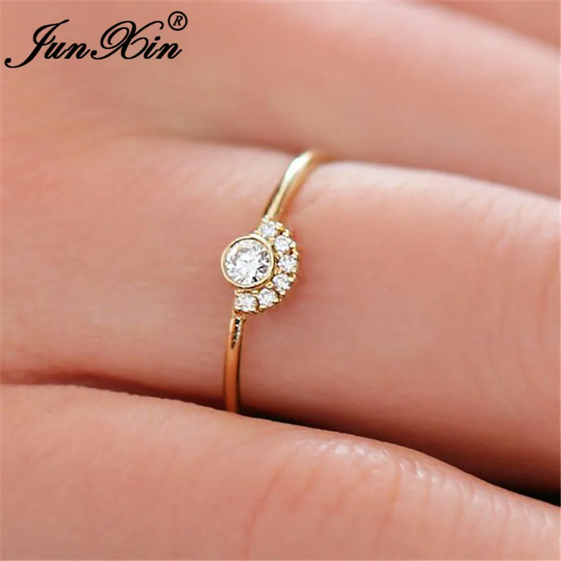 JUNXIN Stackable Crown Eternity Rings For Women 925 Silver Rose Gold Filled Small CZ White Crystal Minimalist Thin Ring Female