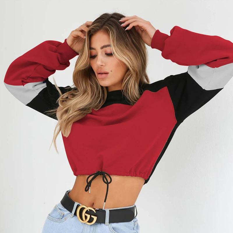 

Sweatshirt Woman Autumn 2018 Hot 7 Colors Cotton Pullover Hooded Lace Up Loose Top For Female Autumn Women Short Crop Sweatshirt
