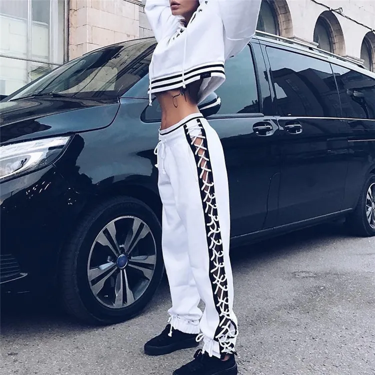 New fashion drawstring lace up pants women Patchwork