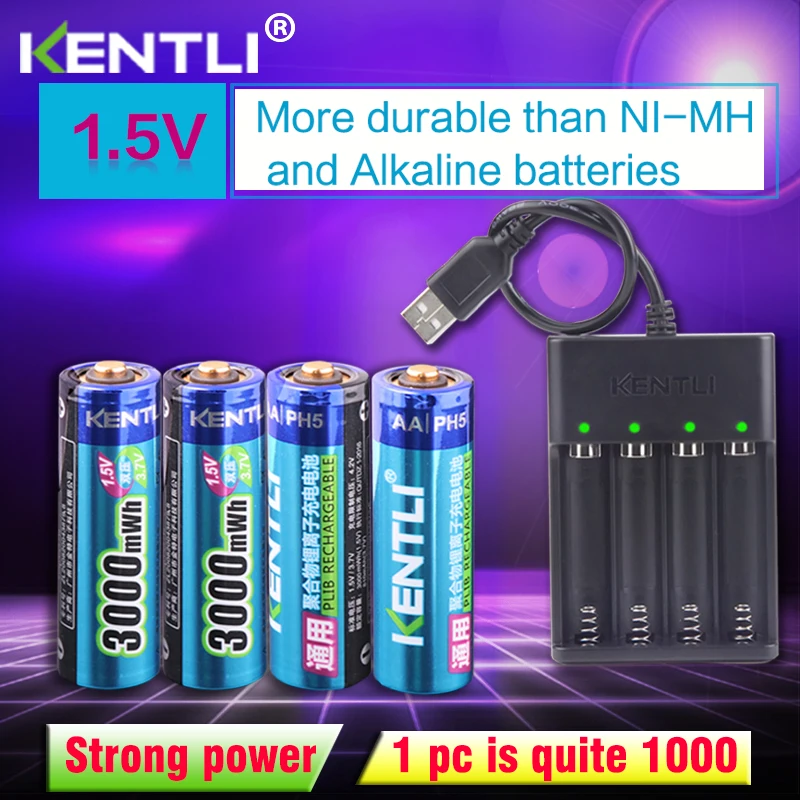 KENTLI 1.5V Lithium Batteries AAA 4 Pack, Rechargeable Batteries,  Li-Polymer Li-ion Battery is Suitable for High-Intensity Electricity Demand  Such as