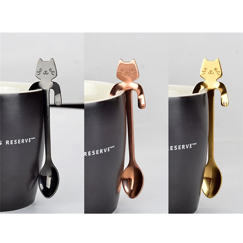 Creative Stainless Steel Cartoon Cat Hand Coffee Tea Spoon Ice Cream Dessert Long Handle Hanging Spoons Tableware Kitchen Tools