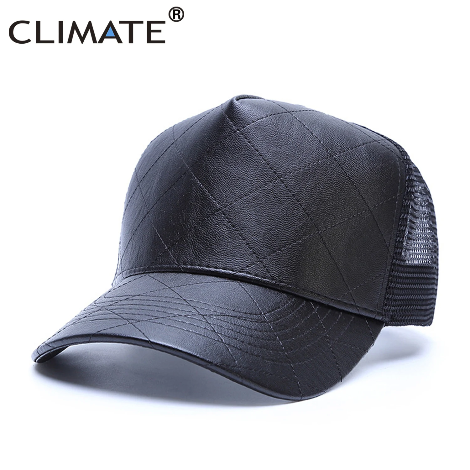 CLIMATE Men PU Trucker Cap Cool Black Mesh Caps Summer Fishing Hunting Adult Caps PU Adjustable Trucker Baseball Cap Hat for Men photo