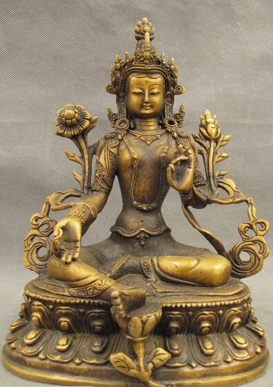 

hui88K720<<<9" Tibet Bronze Religion Temple Lotus Green Tara Buddha Kwan-yin Statue