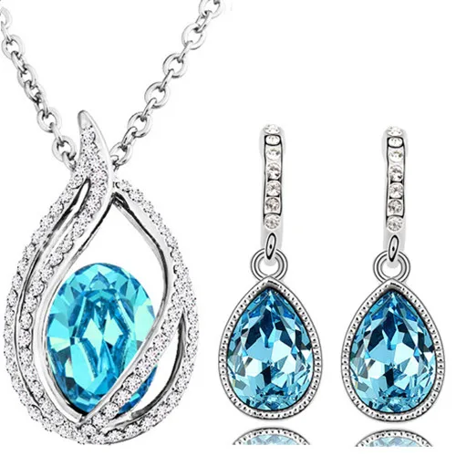 

austrian crystal flame tear pendant necklace earrings fashion jewelry sets office charms women trendy free drop shipping wedding