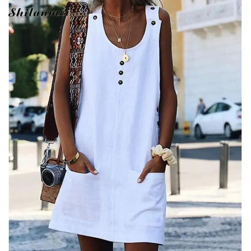 

Women Summer Buttons Cotton Dresses Solid Sleeveless Boho Beach Sundress With Pockets Loose Causal T Shirt Dress Female Vestidos