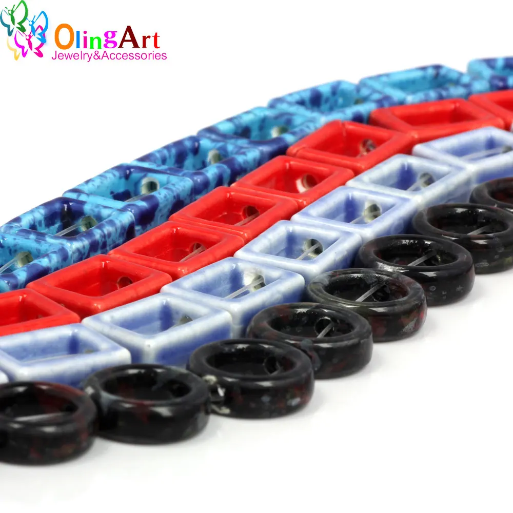 

OlingArt 16mm 12Pcs/lot Leather clasps Ceramic square Double hole beads New Hot Sale Multicolor mixing DIY Jewelry making