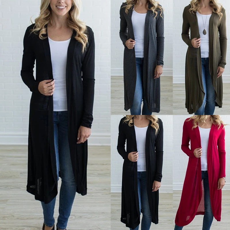New Women Long Sleeve Solid Long Cardigan Ladies Casual Party Coat Kimono Jacket