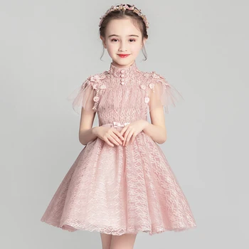 

Elegant Beads Girls Applique Dress Lace Sleeve First Communion Gown Short Children Birthday Ball Gowns Bow Belt Mesh Dresses