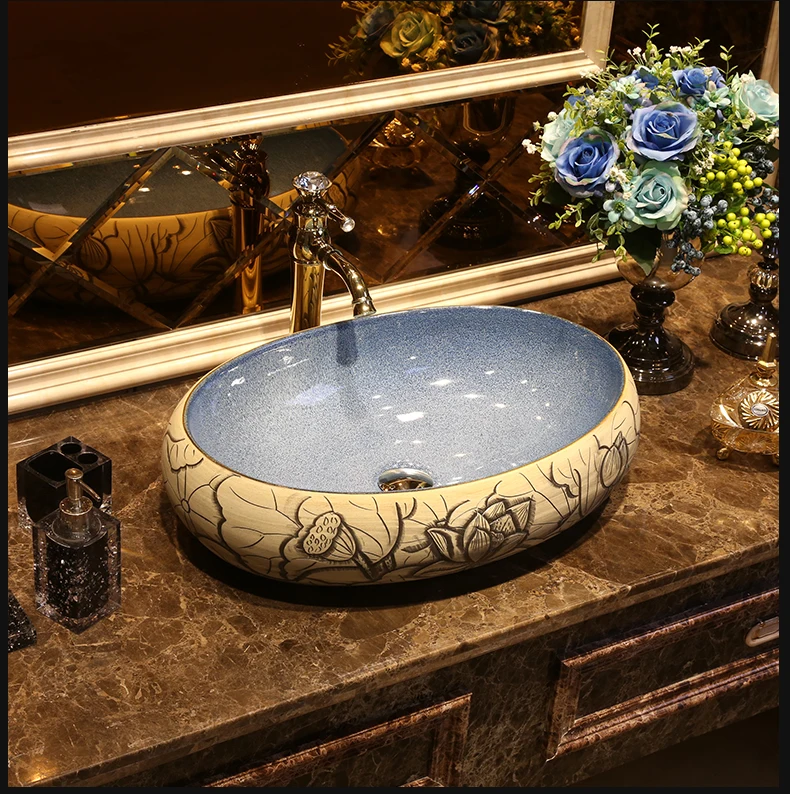 Oval shape China Artistic Europe Style Counter Top porcelain wash basin bathroom sinks ceramic art vessel sink (2)
