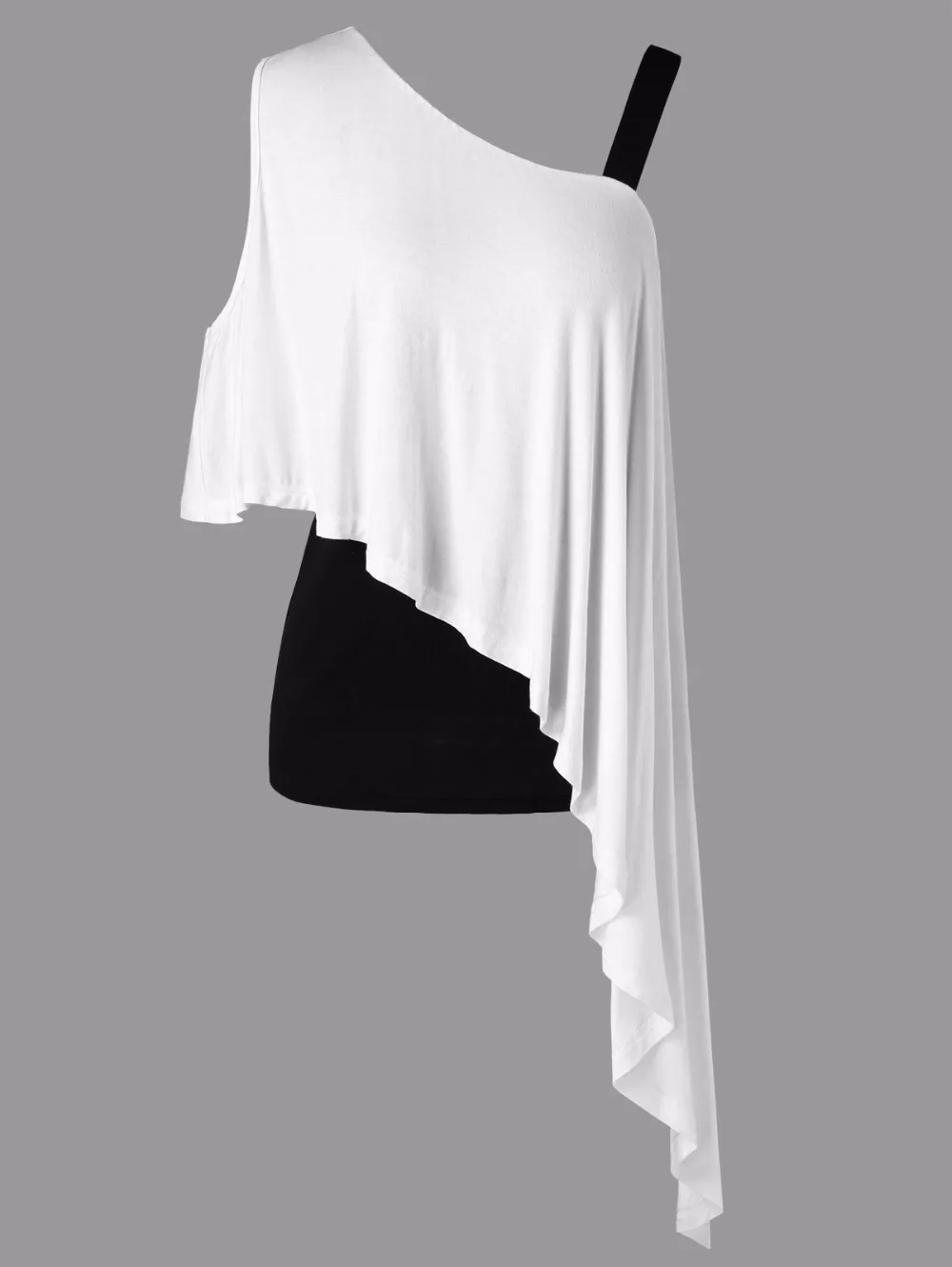 VESTLINDA Skew Collar Color Block Black White Overlay Asymmetrical Tee Two Tone T Shirt Women Casual Tops Summer 2018 T-shirt 5