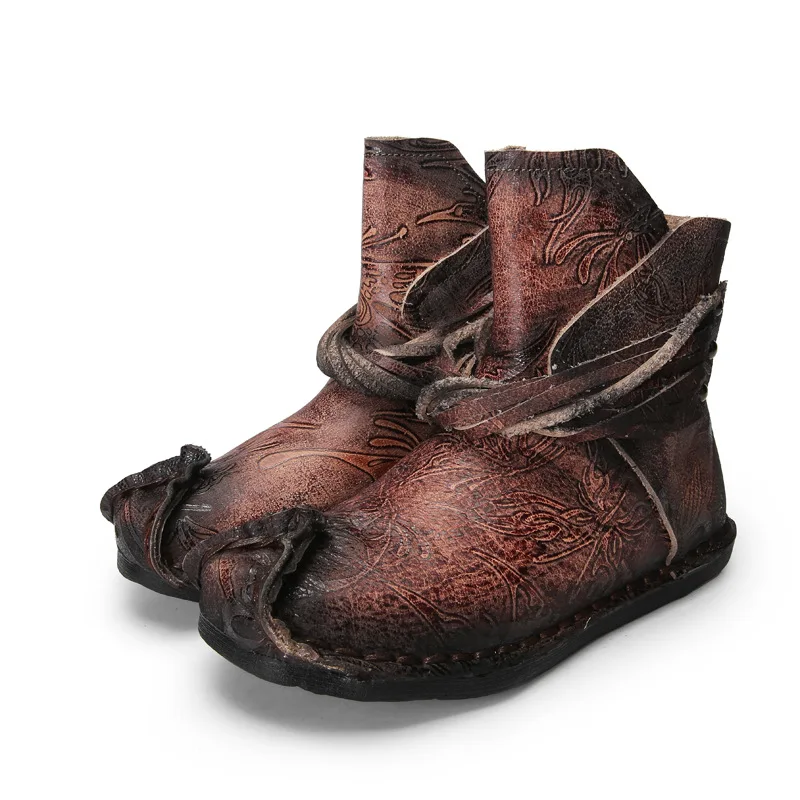 

2018 Autumn and Winter Original Retro Leather Boots Hand Painted single Boots Tassels Flat bottomed Boots women Shoes
