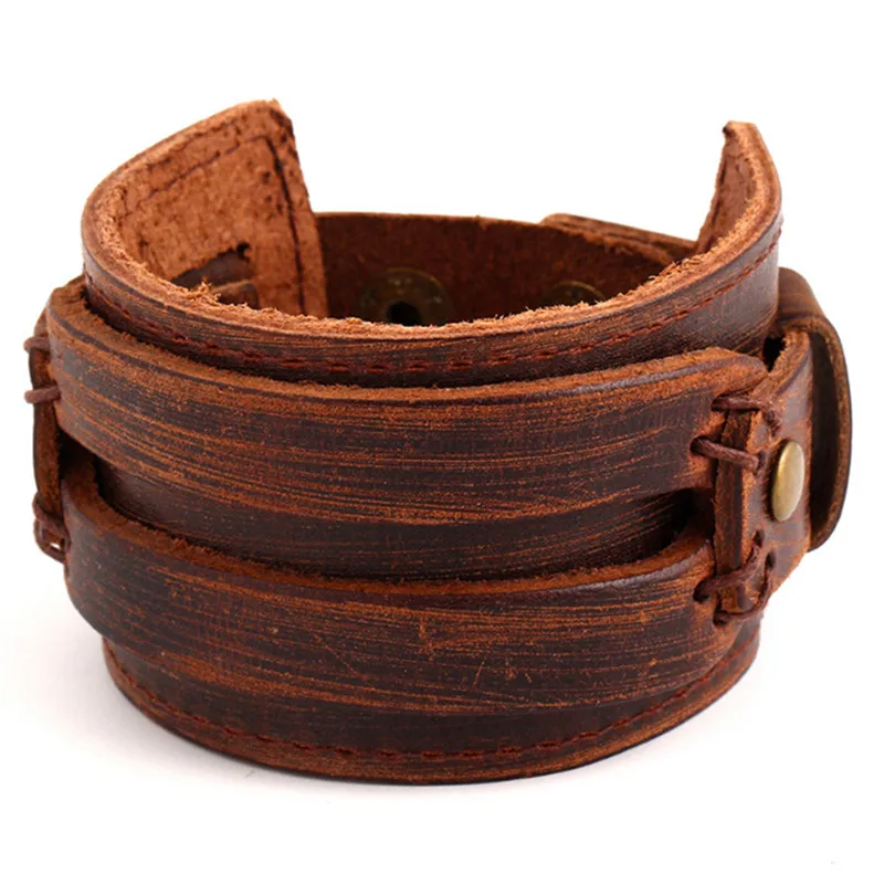 

Brown Leather Braclet Male Retro Handmade Wide Wrap Cuff Men Bracelets Jewelry Bangles Wholesale