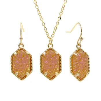 

YJX Genuine Gold Color Hot Mini Iridescent Drusy Pendant Necklace With Drop Earrings Boutique Jewelry Sets