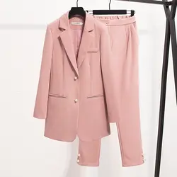 2019 деловой женский костюм с брюками-карандашами комплект из 2 предметов черный, розовый однотонный Блейзер + брюки офисный женский жакет с