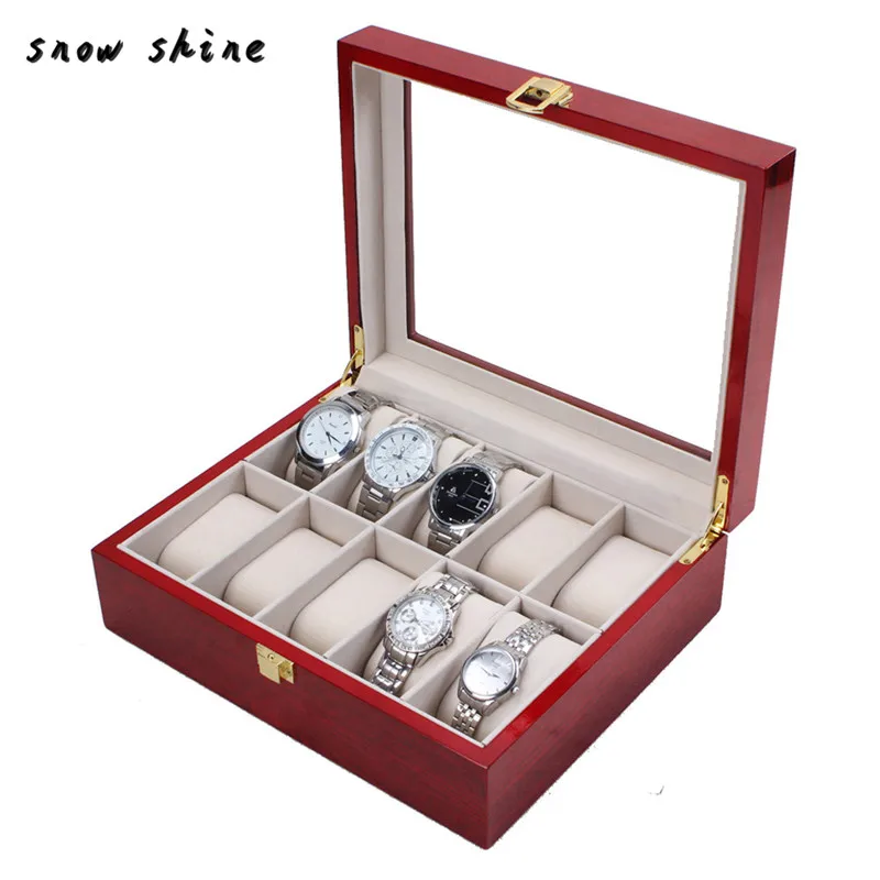 snowshine 3001 10 Slot Cherry Wood Watch Display Case Glass Top Jewelry Storage Box Gifts