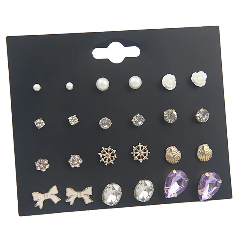 

12 Pairs/pack Elegant Women Earrings Set Vintage Water-drop Crystal Scallop Stud Earrings Dropshipping Jewelry