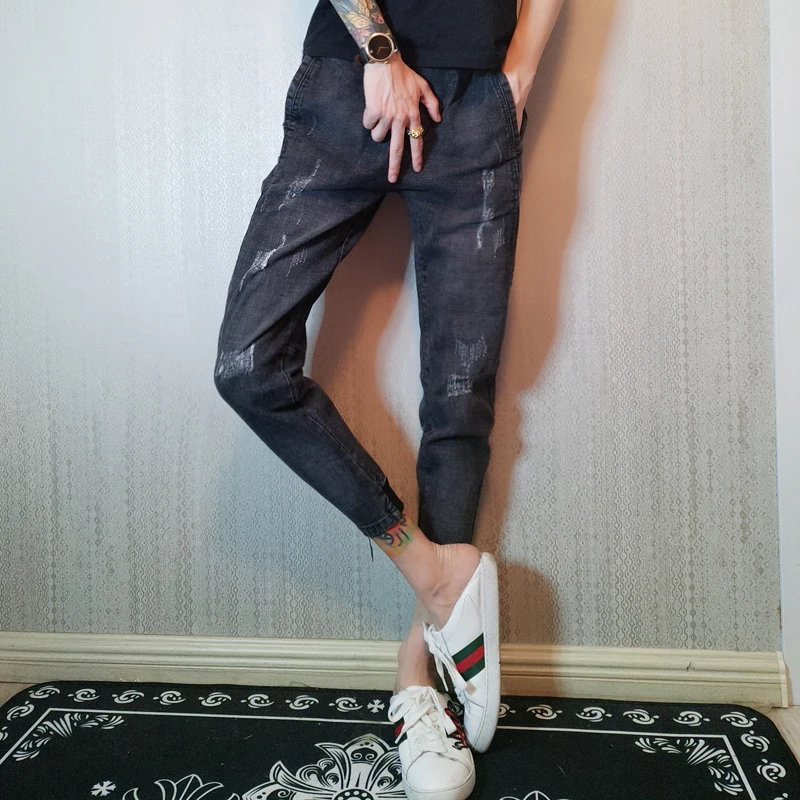 Spiritual Guy Jeans man fall nine-point foot pants network red with male beggar broken hole | Мужская одежда