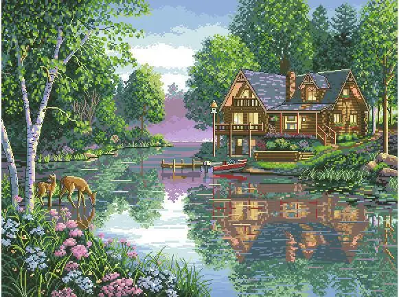CS-1008 cross stitch kit water lake house home cottage dimensions 35183.jpg