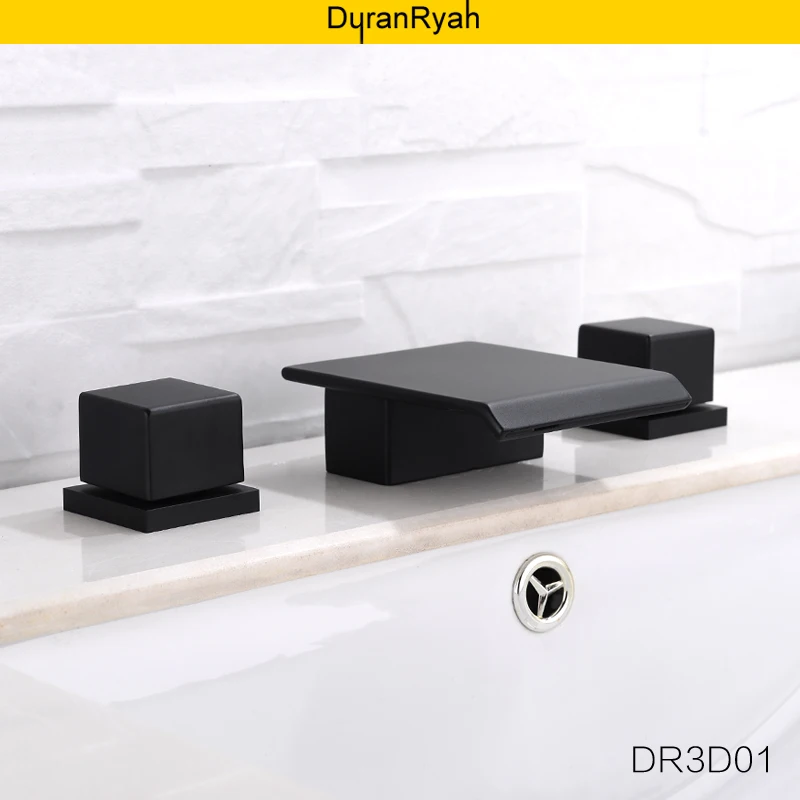 

Duranryan all copper black hot and cold three-hole basin faucet three-piece bathroom cabinet basin waterfall outlet