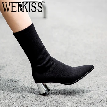 

WETKISS New 2018 Knitting Women Sock Boots High Heels Bootie Pointed Toe Stretch Female Shoes Autumn Footwear Big Size 33-43