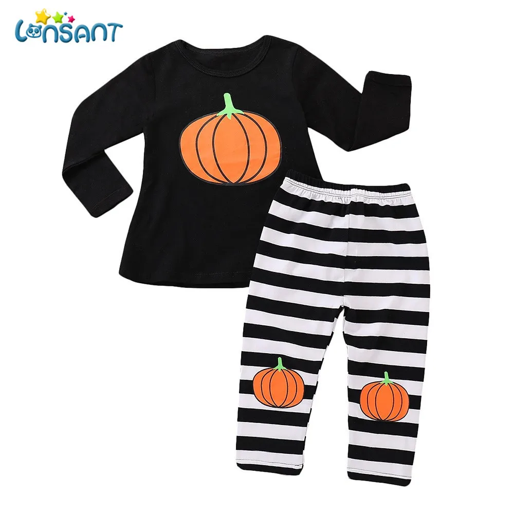 

LONSANT 2018 New Children Clothing Set Toddler Baby Girls Pumpkin Long Sleeve Top Striped Pants Halloween Outfits Set For boys