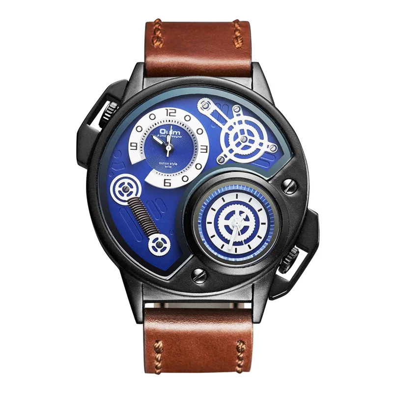 

Oulm Luxury Brand Men's Sports Watches New Genuine Leather Wristwatch Two Time Zone Watch Male Quartz Clock relogio masculino