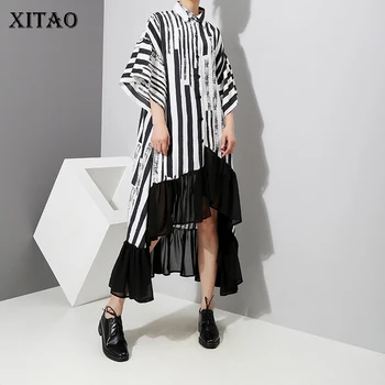 

[XITAO] Europe 2018 Summer New Fashion Women Single Breasted Irregular Shirts Female Half Sleeve Loose Striped Blouses KZH605