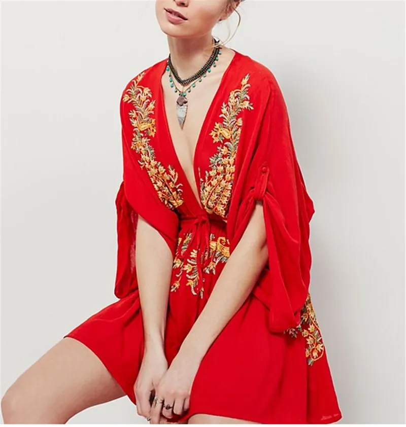 Женское Красное подиумное платье, высокое качество, дизайнерский стиль, глубокий v-образный вырез, богемный бренд, хиппи, шик, бохо, мексиканские Мини платья N145