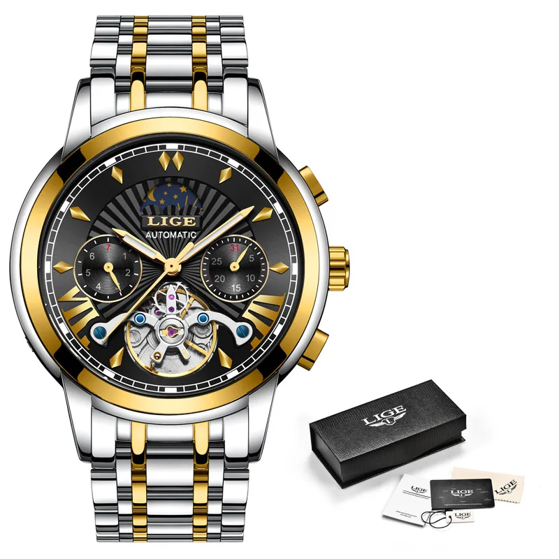 LIGE мужские s часы Топ люксовый бренд мода Tourbillon автоматические механические часы мужские водонепроницаемые часы со скелетом Montre Homme - Цвет: gold black