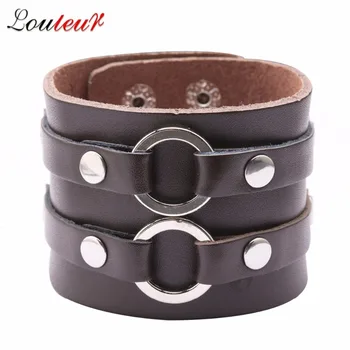 

LOULEUR Brown Double Chain Leather Wide Bracelets For Women Men Double Clasps Adjustable Bracelet Pulseira Jewelry Party Gift