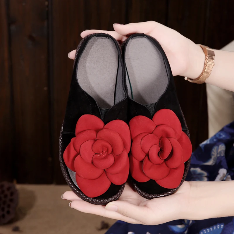 

Summer slides Retro Flowers High Quality of Handmade shoes Womens Soft Full Grain Bohemia peep toes Slippers For Ladies