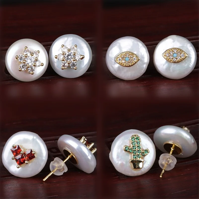 multi options pattern choosable micro pave colorful cz gold tiny charm natural coin freshwater pearl stud earrings for women