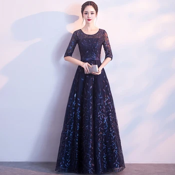 

Navy Blue Appliques Sequins Lady Maxi Evening Dress Cheongsam Perspective Ribbon Lace Elegant Exquisite Luxury Formal Party Gown