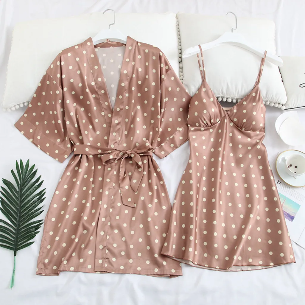 

Women Sexy Robe Gown Sets Summer Polka Dot Belts Sleepwear Silk Femme Wedding Homewear BathRobe Short Sleeve Beach Spa Dress
