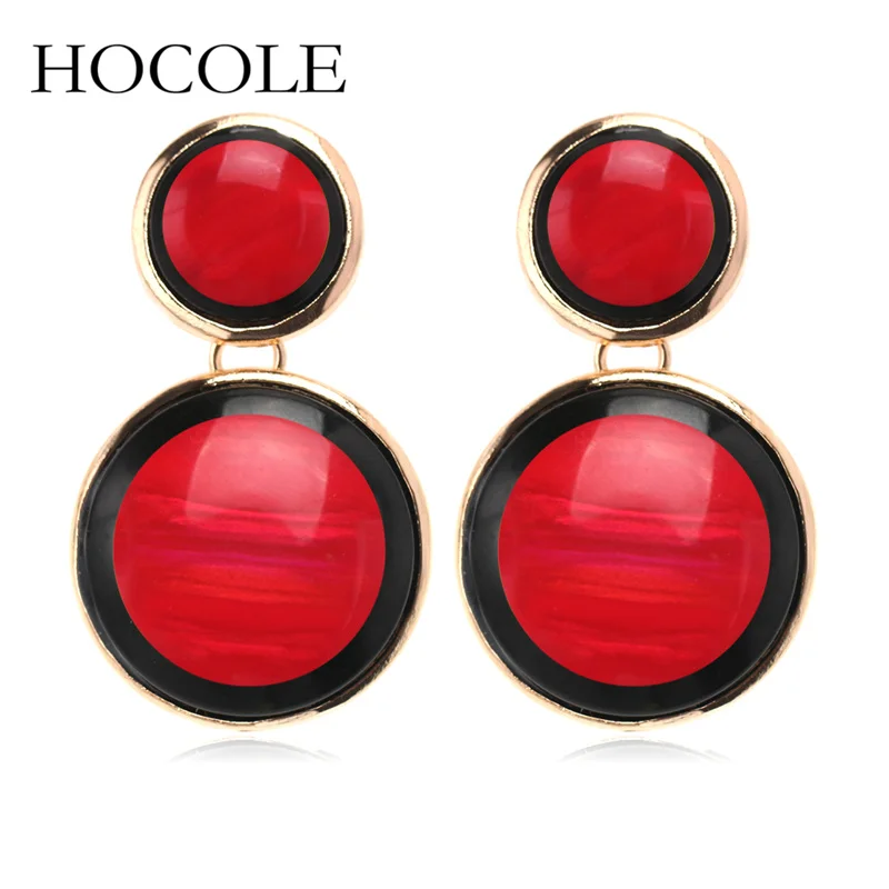 

HOCOLE Newest White Red Round Charms Dangle Earrings Pendientes Largos Brincos Fashion Women Resin Double Circle Ear Jewelry