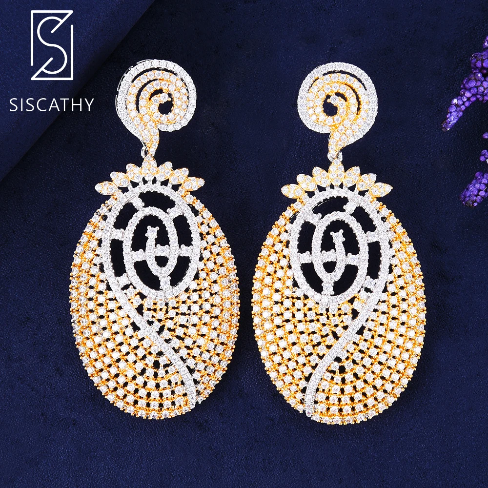 

Siscathy 33*67mm Luxury Women Geometric CZ Hollow Earrings Inlaid Nigerian African Bride Wedding Earrings Dangle Drop Earrings