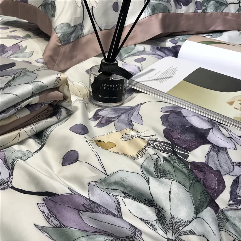 Tencel Шелковый роскошный комплект постельного белья цветочный пододеяльник наборы мягкое постельное белье плоский лист простыня parure de lit ropa de cama