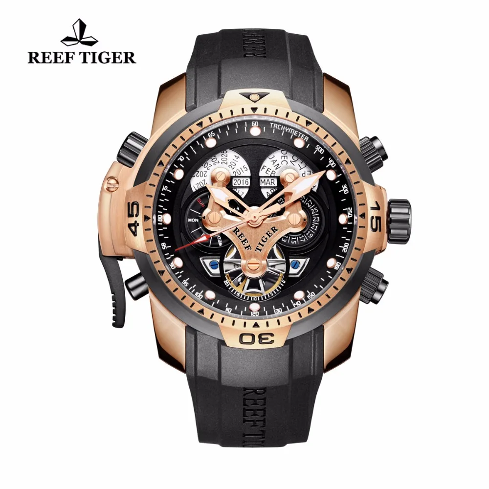 Мужские спортивные часы Reef Tiger/RT с резиновым ремешком сложный циферблат розовое