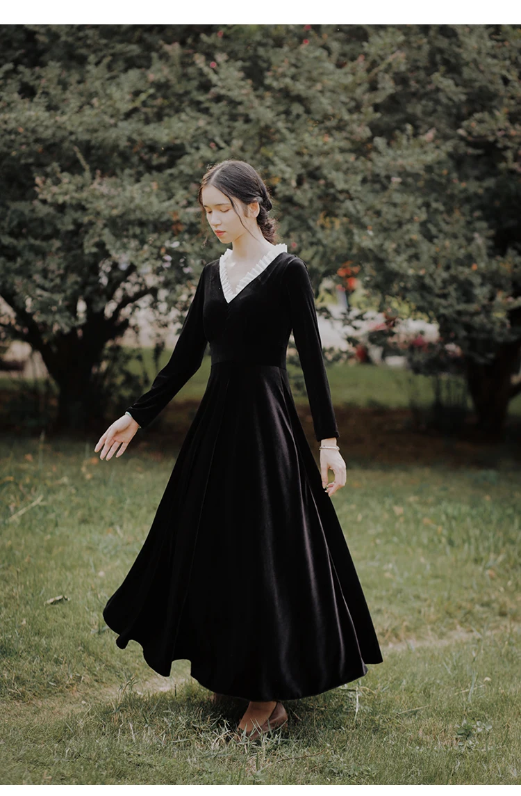 Весеннее, Осеннее, зимнее женское винтажное элегантное черное бархатное платье, женское тонкое платье с v-образным вырезом и высокой талией, длинное платье, vestidos verano