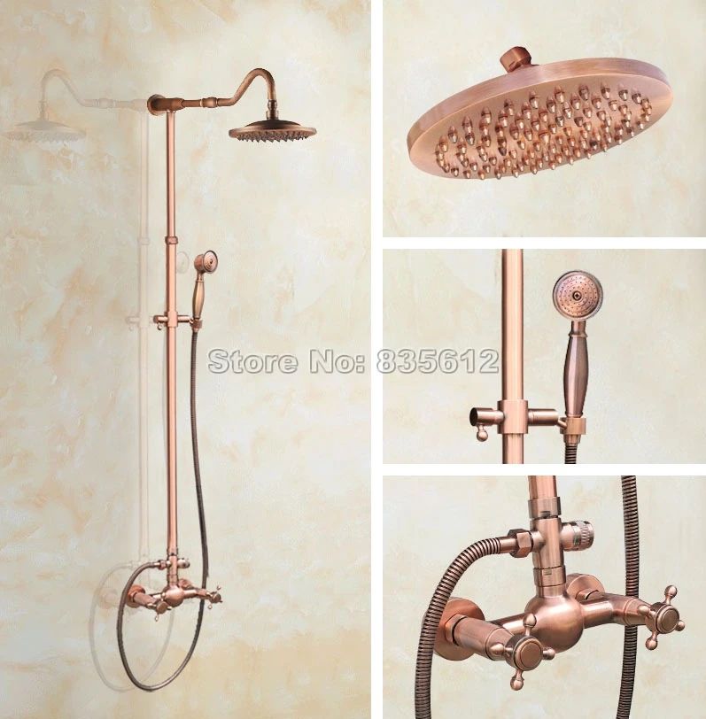 

Red Copper Wall Mounted Dual Handle Rain Shower Faucet Set W/ Rainfall Shower Heads + Bathroom Hand Shower Mixer Taps Wrg607