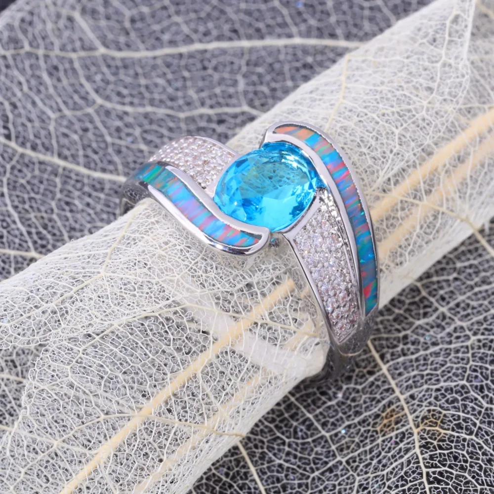 CiNily Created Rainbow Fire Opal Blue Stone Cubic Zirconia Silver Plated Wholesale HOT for Women Jewelry Ring Size 6-9 OJ9257