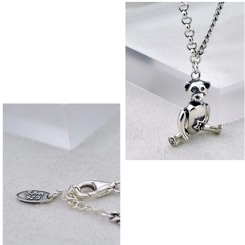 Thai Silver 925 Sterling Silver Rotatable Limbs Bear Pendant Necklace Vintage Silver Punk Big Necklace S925 Choker Women Jewelry