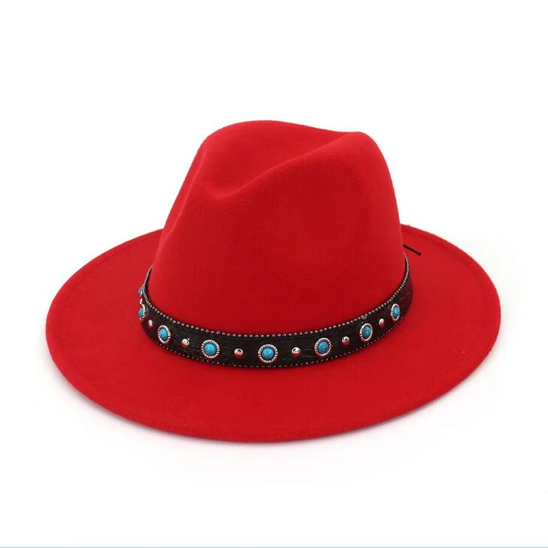 Войлочная шерсть Женские фетровые шляпы с поясом Для женщин Винтаж шляпы Трилби шерстяная шляпа теплая джаз шапка Femme feutre шляпа Панама H3 - Цвет: red