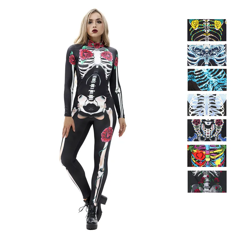 

Women Sexy Bodysuits Halloween Costumes For Women Girls 3D Skull Rose Printing Jumpsuits Punky Back Zipper Macacao Feminino C063