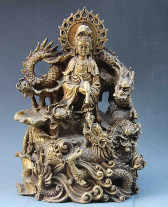 

Tibet Buddhism Brass Copper Two Dragon lotus flower Guan Yin Kwan-yin Buddha God