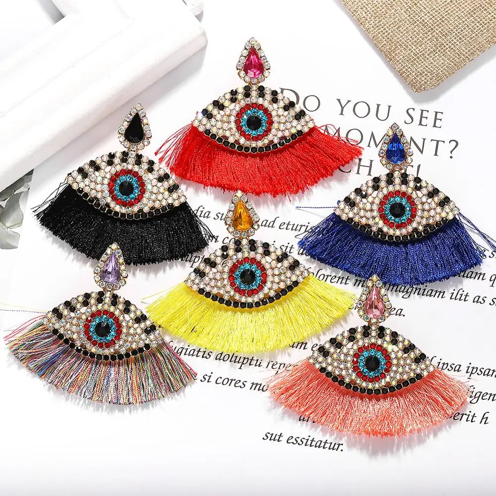 

2019 Ethnic Luxury Shiny Eye Tassel Earrings for Women Fashion Boho Multicolor Inlay Glass Crystal Drop Earring Jewelry Gifts