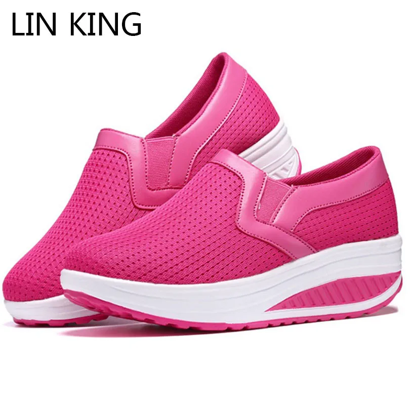 

LIN KING Breathable Women Casual Swing Shoes Slip On Height Increase Shoes Big Size Slim Lazy Loafers Light Wedge Platform Shoes