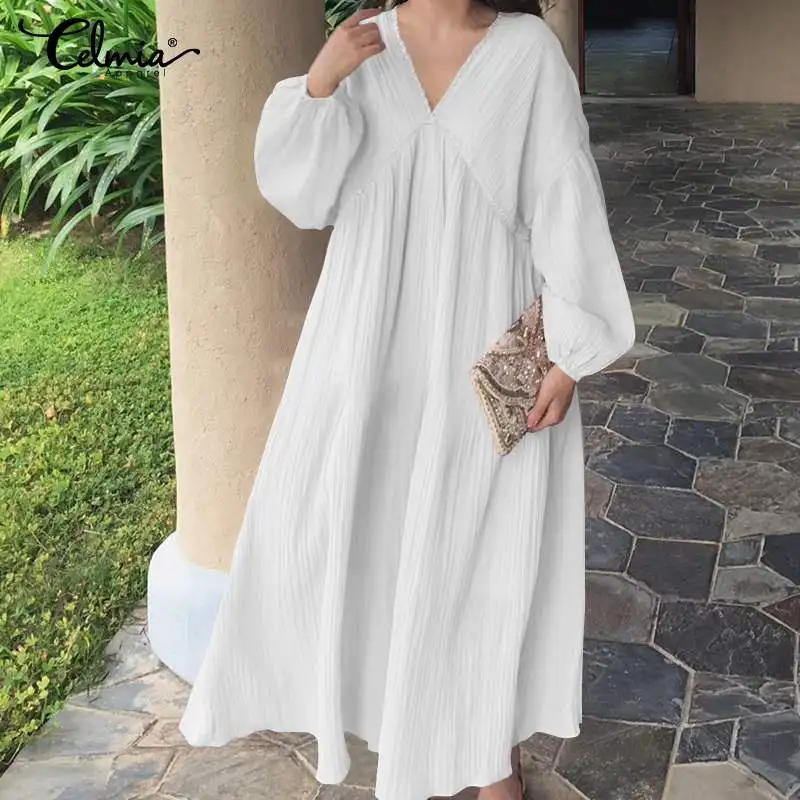 

Celmia 2019 Autumn Women Lace Stitching Maxi Long Dress Casual Solid Batwing Sleeve Sexy V-Neck Pleat Dress Holiday Vestido Robe