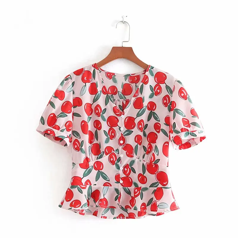 

2019 french style women fruit print chemise blouse shirt women cute hem pleat ruffles casual femininas blusas chic tops LS3715