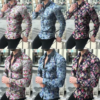 

Tops Blouse Fashion Men's Casual Printed Long Sleeve Button shirt Top Blouse
